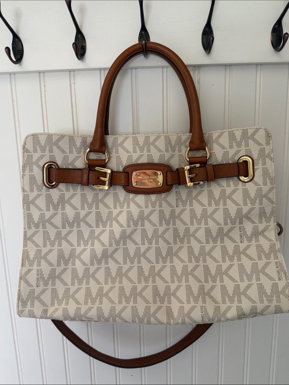 Michael Kors Cream MK Monogram Tote with Brown Leather Trim